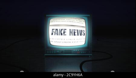 Isolierte einzelne vintage Retro-tv zeigt gefälschte Nachrichten Schlagzeilen auf Flackernde Leinwand in einem dunklen Raum Stockfoto
