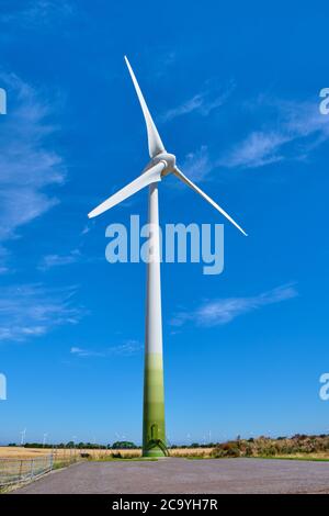 Elektrizität Windturbinen in einem Bereich von reifen und bereit, Weizen zu ernten Stockfoto