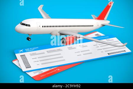 3d-Darstellung von zwei Airline, Flugtickets mit Flugzeug, Airliner auf blauem Hintergrund Stockfoto