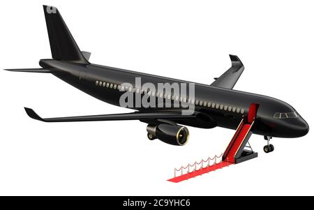 Schwarzer reaktiver Privatjet. Weißer Privatjet und offene Leiter, roter Teppich am Flughafen. isometrische 3D-Darstellung. Business-Airlines Stockfoto