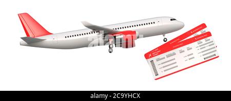 Seitenansicht eines Verkehrsflugzeugs, eines Flugzeugs mit zwei Fluggesellschaften, Flugtickets. Passagierflugzeug abheben, 3D-Rendering isoliert auf weißem Hintergrund. Stockfoto