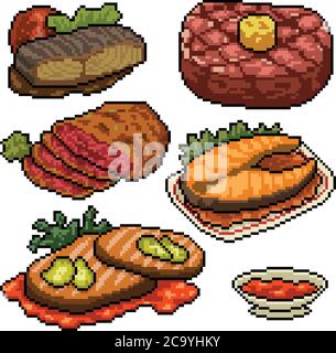 Pixel Art Set isoliertes Steakmenü Stock Vektor