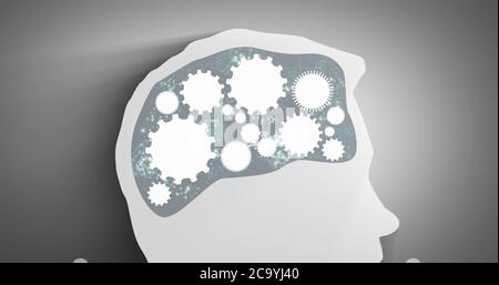 Zahnräder drehen sich in einem Personenkkopf. Profilansicht des weißen Kopfes mit Nahaufnahme Gehirn Stockfoto
