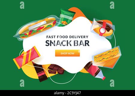 Snack-Bar weiß Rahmen mit Sandwich in Packung, Packungen von Süßigkeiten und Schokolade. Fast Junk Food Vektor Hintergrund. Werbebanner für die Lieferung von Mahlzeiten, Stock Vektor