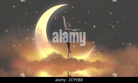 Eine Ballerina, die mit Glühwürmchen gegen den Halbmond tanzt, digitaler Kunststil, Illustrationsmalerei Stockfoto