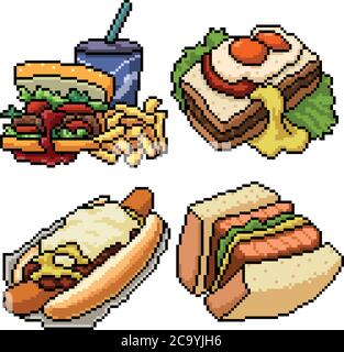 Pixel Art Set isolierte Bäckerei Sandwich Mahlzeit Stock Vektor