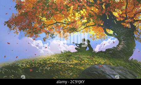 Liebhaber sitzen und spielen Gitarre unter dem Baum im Herbst, digitale Kunst Stil, Illustration Malerei Stockfoto