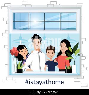 Ich bleibe zu Hause, Sicherheit, Selbstisolierung und Quarantänekonzept. Familie mit zwei Kindern schauen durch das Fenster. Vektor flache Cartoon-Figuren illustrati Stock Vektor