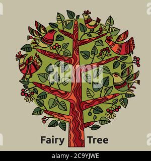 Folk vibes dekorativen Märchenbaum mit Vögeln. Frühling Saison feiert das Leben rustikale Komposition. vektor handgezeichnete Illustration. Stock Vektor