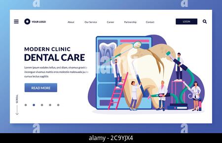 Zahnbehandlung und Pflegekonzept. Vektor Ärzte Zeichen Illustration. Professionelle Zahnärzte diagnostizieren und behandeln großen Zahn mit Zahnheilkunde Ausrüstung. Stock Vektor