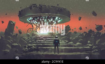 astronaut betrachtet die Alien-Tantacles, die aus dem Portal kommen, digitaler Kunststil, Illustrationsmalerei Stockfoto