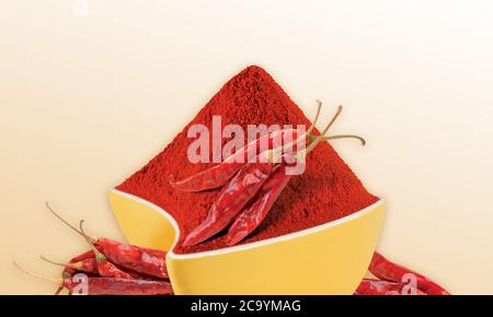 Kurkuma, Chilly, Koriander, Puder Haldi, Marcha, Dhana, Koriandersamen, Dry Chilly, Kurkuma Wurzel, Masala in Schale, Holz & Weißer Hintergrund -Bild Stockfoto