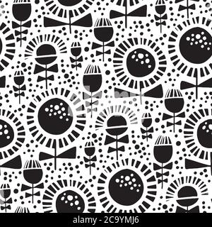 Cute abstrakte Löwenzahn Silhouette nahtlose Muster in schwarz und weiß Farbe für Hintergrund, Stoff, Textil, Wrap, Oberfläche, Web-und Print-Design. Vec Stock Vektor