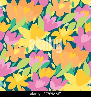 Rich Bold bunten Frühlingsblumen nahtloses Muster für Hintergrund, Stoff, Textil, Wrap, Oberfläche, Web-und Print-Design. Tulpe und Narzissen in grün g Stock Vektor