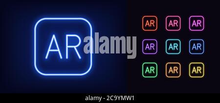 Neon AR-Symbol. Leuchtende Neon AR-Zeichen, Technologie der Augmented Reality in lebendigen Farben. Symbolsatz, Zeichen, Symbol für UI, Videospielgerät und Software. Ve Stock Vektor