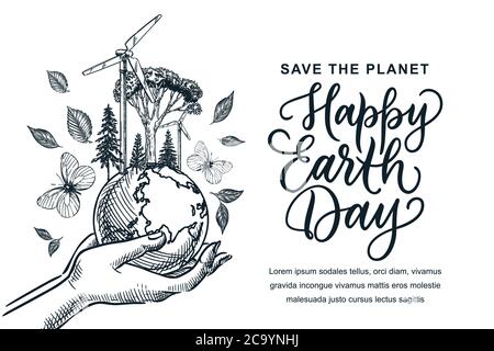 Happy Earth Day Banner, Poster mit handgezeichneten Kalligraphie-Schriftzug. Vektor-Skizze Abbildung der Hände halten Erde Planeten mit Windturbine Gener Stock Vektor