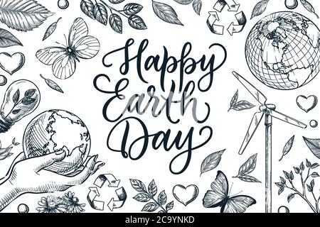 Happy Earth Day Banner oder Posterrahmen mit handgezeichneten Kalligraphie-Schriftzug. Vektorskizze Illustration von Umwelt-, Natur- und Ökologie-Symbolen Stock Vektor