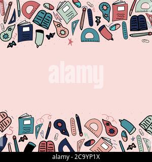 Handgezeichnete Skizze der Schule liefert oben und unten, in der Mitte für Text, zurück zur Schule Stock Vektor