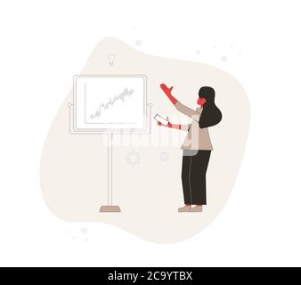 Technische Analysen für Investitionen. Konzept des Finanzberichts. Vorbereitung der Geschäftspräsentation. Junge Frau an Bord mit Chart der Börse in Stock Vektor