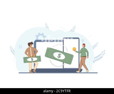 Konzept für den Geldwechsel. Finanzdienstleistungen. Kryptowährung. Digitales Geld. Cashback. Liniengrafik flache Vektorgrafik. Stock Vektor