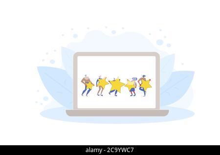 Bewertung durch Kunden. Feedback-Konzept. Glückliche Kunden stehen und tanzen mit goldenen Sternen auf dem Laptop-Bildschirm. Service-Bewertung. Vektor flach illustrati Stock Vektor