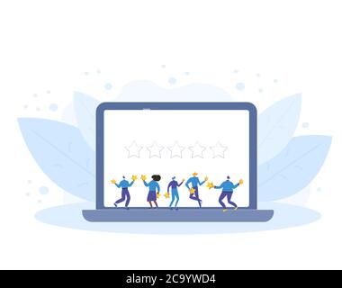 Bewertung durch Kunden. Feedback-Konzept. Glückliche Kunden stehen und tanzen mit goldenen Sternen auf dem Laptop-Bildschirm. Reputation im Online-Shop. Einkaufswebsites Stock Vektor