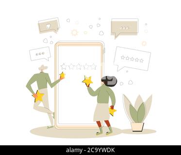 Prüfung des Anwendungsclients. Feedback-Konzept. Mann und Frau stehen in der Nähe eines riesigen Telefons und halten Sterne in den Händen. Service-Bewertung. Zufriedenheit Lev Stock Vektor
