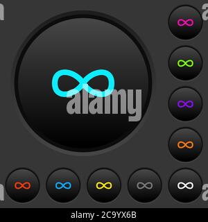 Dunkle Tasten mit Infinity-Symbol mit lebendigen Farbsymbolen auf dunkelgrauem Hintergrund Stock Vektor