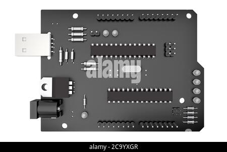 Die schwarze elektronische Mikroschaltung ist in der weißen Draufsicht isoliert. 3d-Rendering Stockfoto