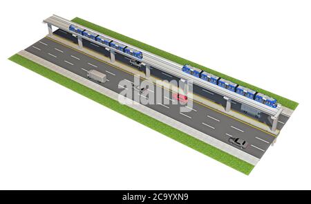 Stück Straße mit überirdischen U-Bahn isoliert auf weiß. 3d-Rendering Stockfoto