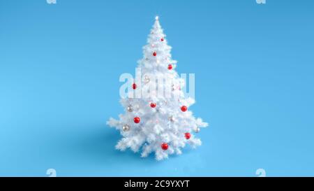 Weiß geschmückter Weihnachtsbaum mit funkelnden beleuchteten Weihnachtslichtern auf blauem Hintergrund. Frohe Weihnachten und ein glückliches neues Jahr 3D-Illustration. Weihnachtsbaum Winterferien Symbol. 3D-Rendering. Stockfoto