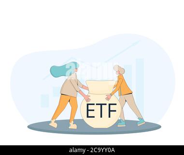 ETF-Konzept. Wirtschaftliche Diversifizierung. Zwei Anleger halten eine Tasche mit Exchange Traded Funds. Junger Mann und Frau mit Investitionssymbolen. Linienart f Stock Vektor