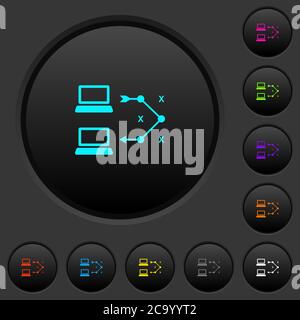 Traceroute Remote-Computer dunkle Drucktasten mit lebendigen Farbsymbolen auf dunkelgrauem Hintergrund Stock Vektor