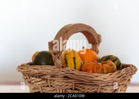 Weidenkorb mit Kürbissen verschiedener Sorten Stockfoto