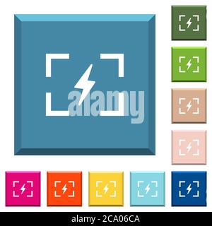 Kamera-Blitzmodus weiße Symbole auf kantigen quadratischen Tasten in verschiedenen trendigen Farben Stock Vektor