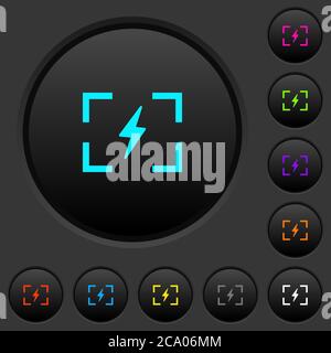 Dunkle Drucktasten für den Kamerablitzmodus mit lebendigen Farbsymbolen auf dunkelgrauem Hintergrund Stock Vektor