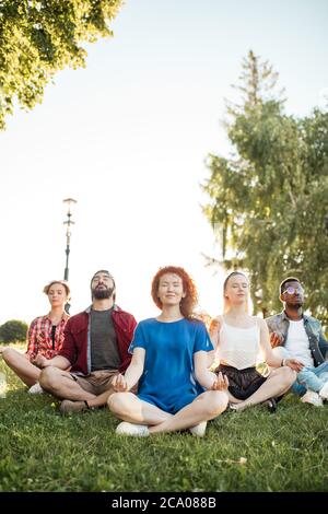 Verschiedene Erwachsene kaukasischen und afro amerikanischen Freunden genießen entspannende Yoga im Freien im Park. Yoga üben in der Natur Landschaft, mit rothaarigen wo Stockfoto