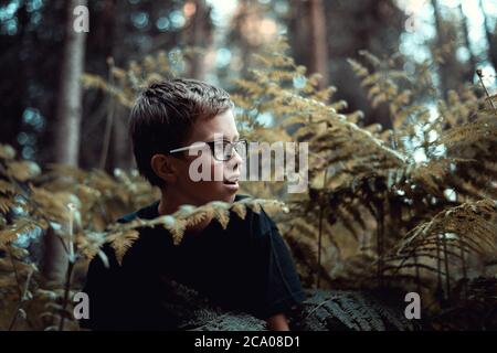 Portrait von glücklichen Jungen Teenager im Wald spielen, versteckt hinter Farn. Stockfoto