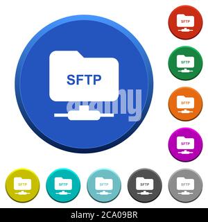 FTP über SSH runde, abgeschrägte Tasten mit glatten Oberflächen und flachen weißen Symbolen Stock Vektor
