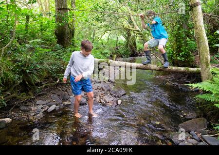 Jungen Kinder Kinder in den Sommerferien nach dem Lockdown spielen in Genießen Sie die grüne, bewaldete Landschaft bei einem Aufenthalt in Carmarthenshire Wales, Großbritannien KATHY DEWITT Stockfoto