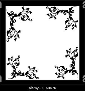 Weißer Hintergrund mit Blumenmotiv in schwarz, Fotorahmen Stockfoto