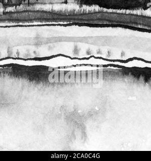 Abstrakte Landschaft Tinte handgezeichnete Illustration. Schwarz-weiße Tinte Winterlandschaft Flusswald. Minimalistisch von Hand gezeichnet Stockfoto