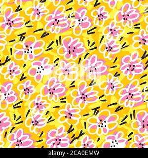 Positive Stimmung leuchtend gelb floral nahtlose Muster für Hintergrund, Stoff, Textil, Wrap, Oberfläche, Web-und Print-Design. Naive handgezeichnete Blumen. Stock Vektor