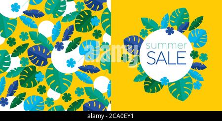Grüne tropische Blätter Sommer Sale Banner auf gelb. Poster Vorlage Banner mit Palmblättern, Dschungelblatt. Florale tropische Komposition für Karte, Kopfzeile Stock Vektor