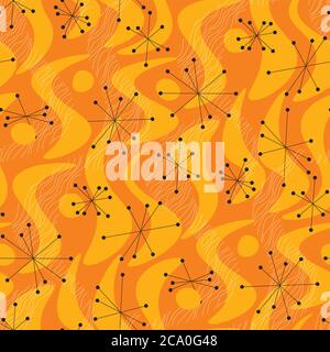 Lebendige orange Flüssigkeit geometrische Atomic Stil nahtlose Muster für Hintergrund, Wrap, Stoff, Textil, Wrap, Oberfläche, Web-und Print-Design. Spaß dynamische vi Stock Vektor