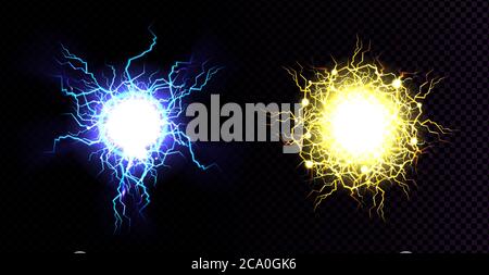 Blitzball, elektrischer Schlag. Vector realistische Satz von Funkenbildung elektrische Entladung, blau und gelb blinkt Energie Burst. Gewitter Blitzkugel isoliert auf transparentem Hintergrund Stock Vektor