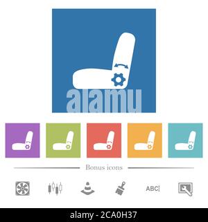 Einstellung der Autositze flache weiße Symbole in quadratischen Hintergründen. 6 Bonus-Symbole enthalten. Stock Vektor