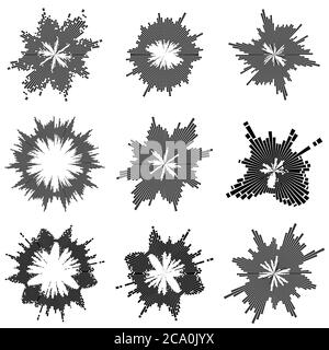 Radial Music Bars Kollektion. Runde musikalische Welle. Abstrakte Klangwelligkeit eingestellt. Kreisförmiger Audioeffekt. Darstellung des Lautstärkehalos oder des Stimmenpulses. Radio Stock Vektor