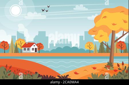 Herbstlandschaft mit niedlichem Haus. Stock Vektor