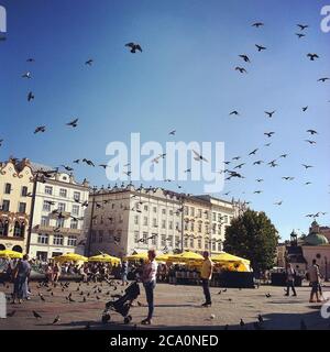 Tauben fliegen über Menschen auf dem Hauptplatz Stockfoto